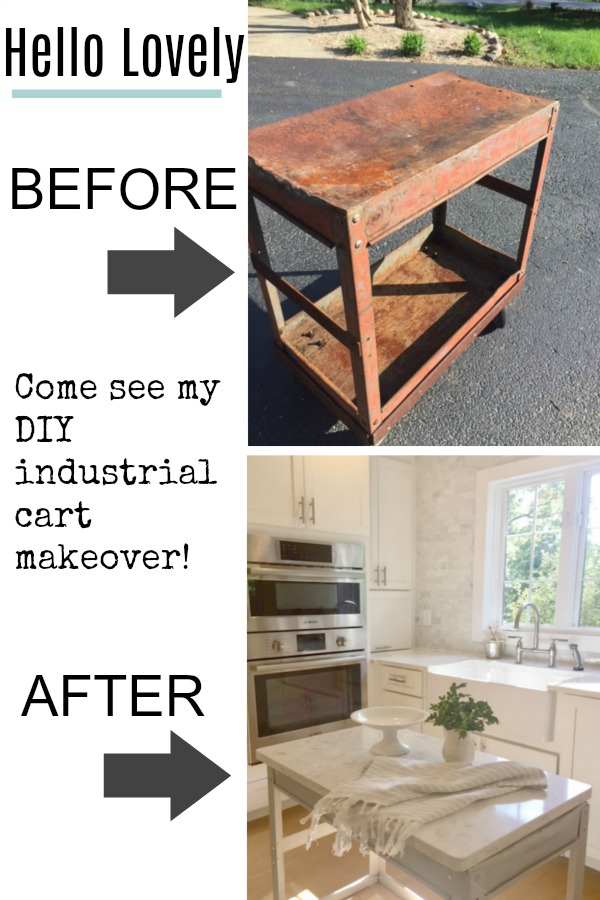 Before and after steel industrial cart makeover. I took a beat up cart, painted it with Annie Sloan Paris Grey, added salvaged wood planks to the bottom shelf, and used leftover quartz (the sink cut out) for the top. Now we have a functional and cute industrial cart in our serene kitchen. Hello Lovely Studio. #industrialcart #industrialfarmhouse #kitchencart #kitchenisland #diy #worktable #serenekitchen #viateraquartz #anniesloanparisgrey #industrialchic