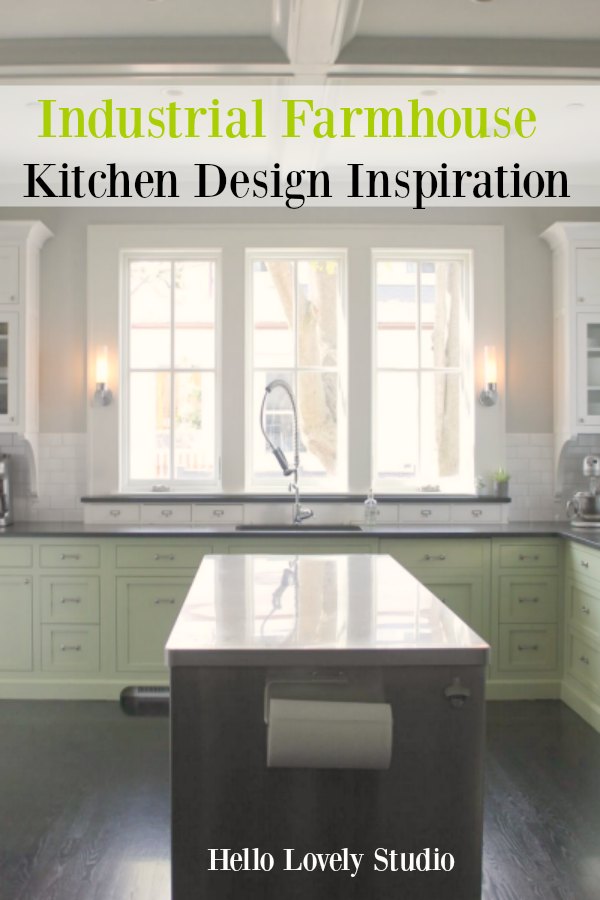 Industrial Chic Farmhouse Kitchen Inspiration with green cabinets, custom stainless island, and black stained flooring. #modernfarmhouse #kitchendesign #industrialfarmhouse #farmhousekitchen #benjaminmoorestoningtongray