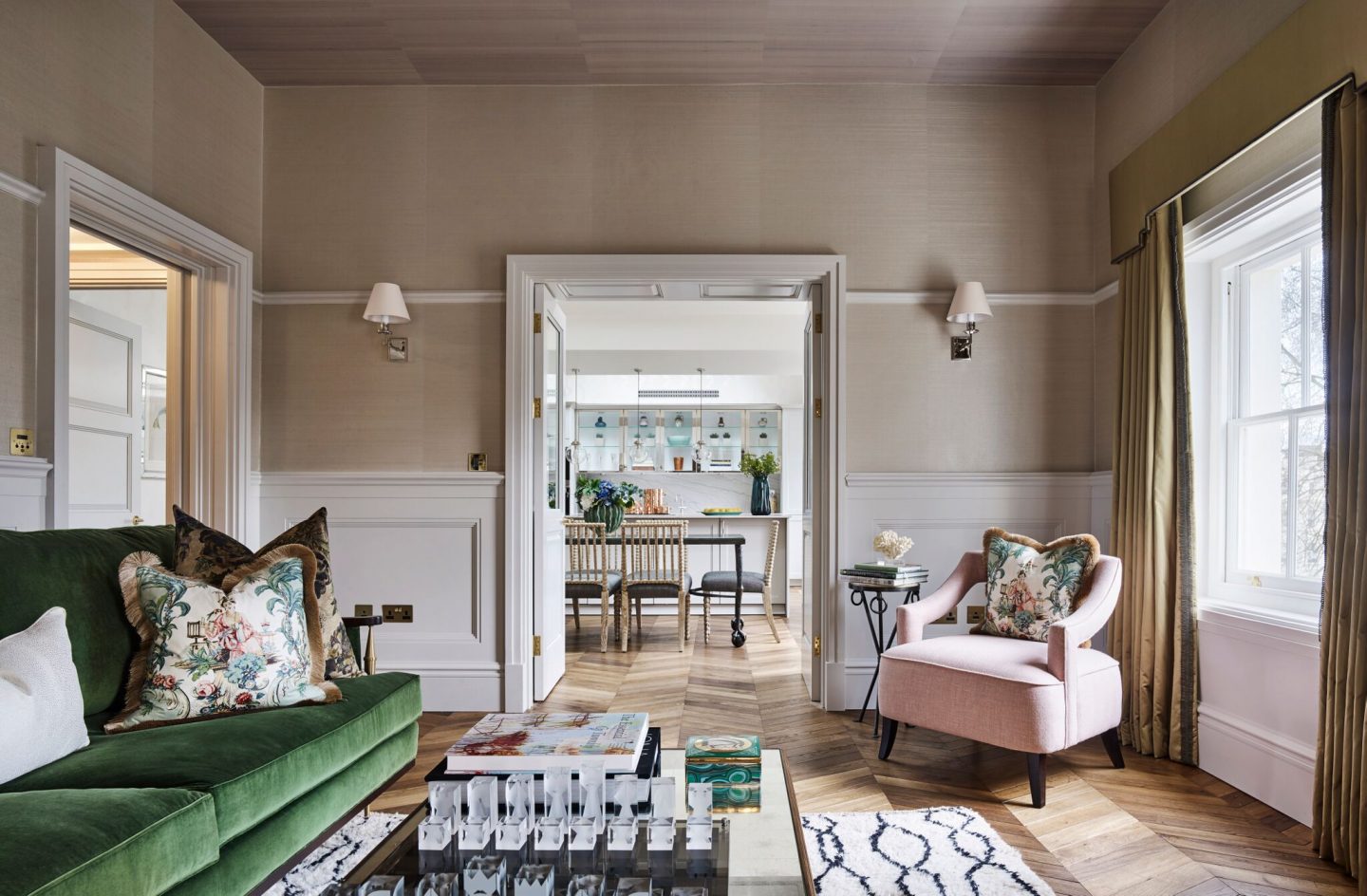 Sitting room in London apartment. Colorful Classic Decor in London Inspired by 'Out of Africa' - come see more from Studio L London! #britishcolornial #livingroom #pinkandgreen #elegantdecor #Londonapartment #interiordesigninspiration