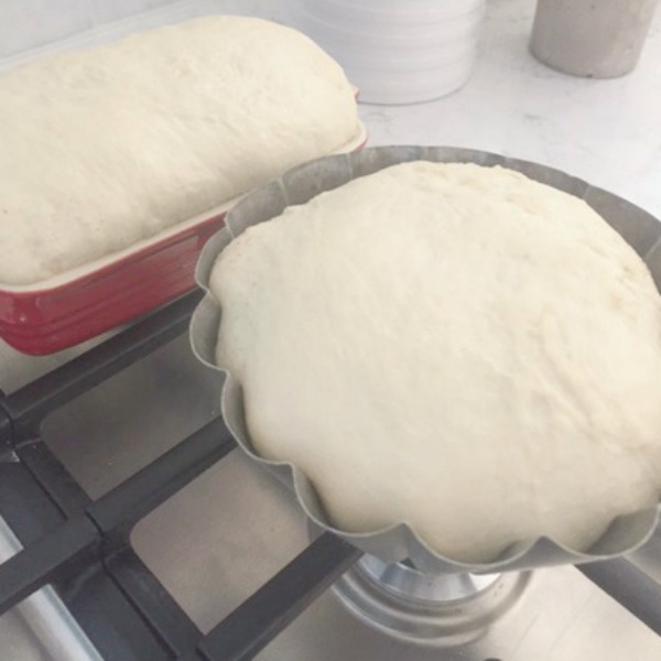 My sourdough rising in pans on the stove. #hellolovelystudio #sourdourgh #bread