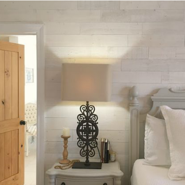 European country inspired serene bedroom with Stikwood Hamptons wood planks on wall. Come see more of my home in Hello Lovely House Tour in July. #hellolovelystudio #timeless #tranquil #interiordesign #europeancountry #europeanfarmhouse #simpledecor #serenedecor