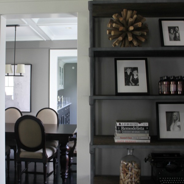Modern farmhouse dining room with grey walls (Benjamin Moore Platinum) and etagere. Photo: Hello Lovely Studio.