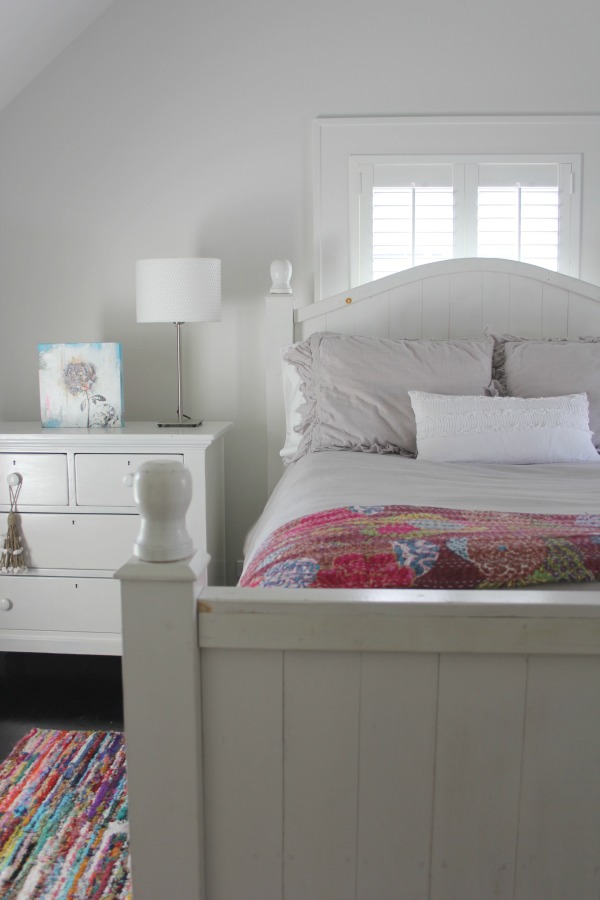 Serenely quiet modern farmhouse bedroom with walls painted Stonington Gray (Benjamin Moore). #stoningtongray #paintcolors