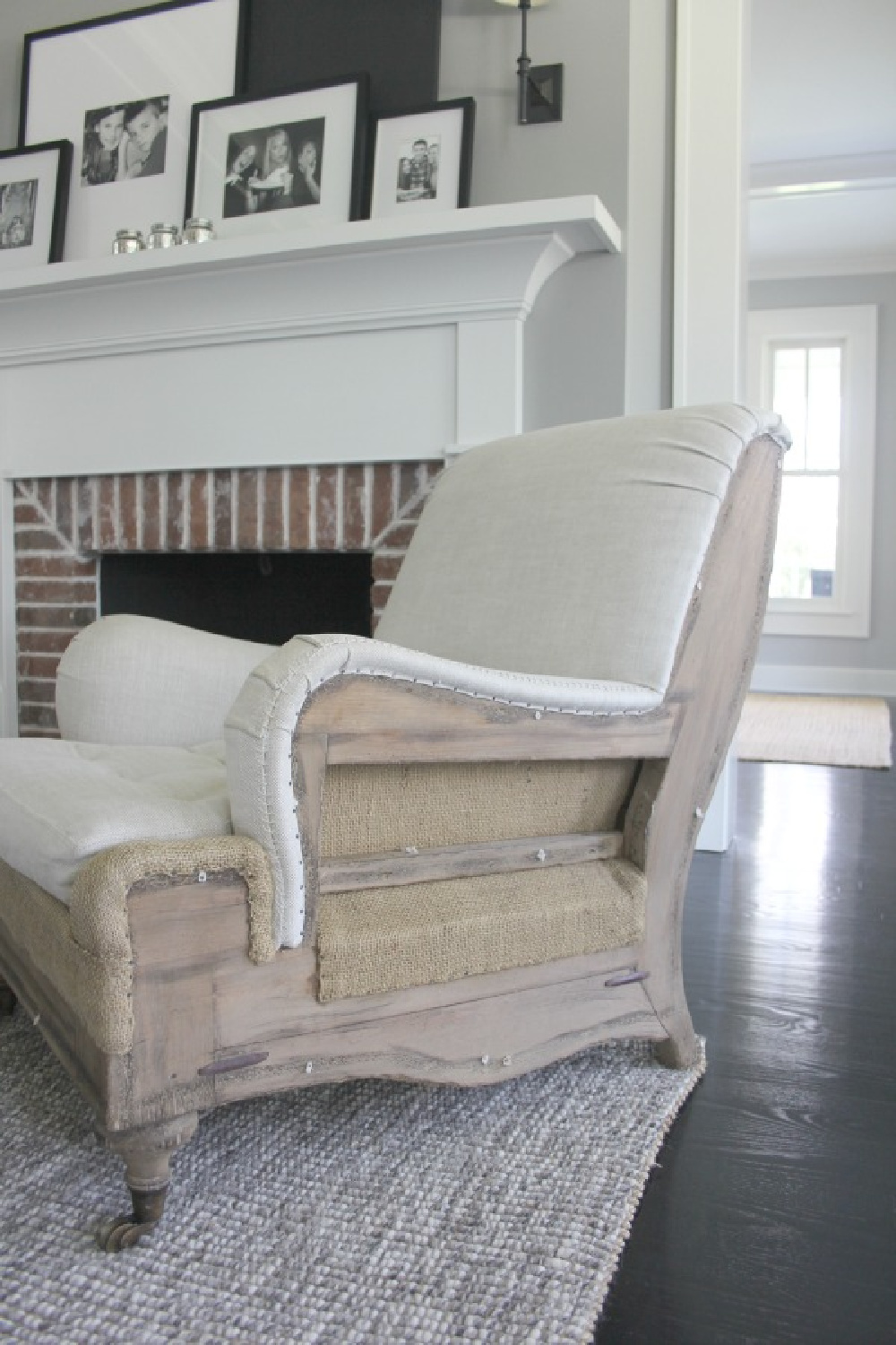 Deconstructed chair in modern farmhouse living room with fireplace. Come see the house tour! #modernfarmhouse #benjaminmoorestoningtongray