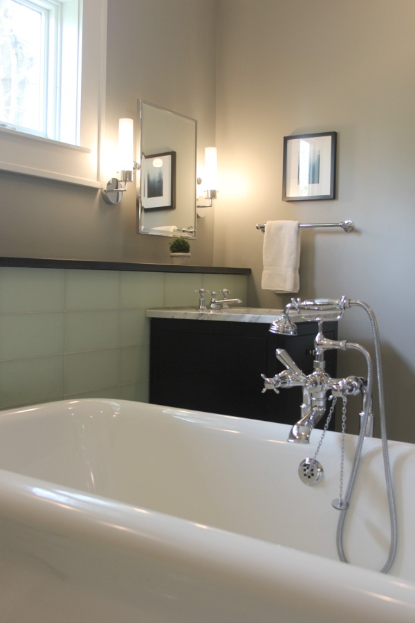 Waterworks tub in luxurious farmhouse bathroom. Modern Industrial Farmhouse Bedroom Design {2nd Floor Tour}. #modernfarmhouse #bedroom #industrialfarmhouse #greywalls #luxuriousfarmhouse #benjaminmooreplatinum #benjaminmoorestoningtongray