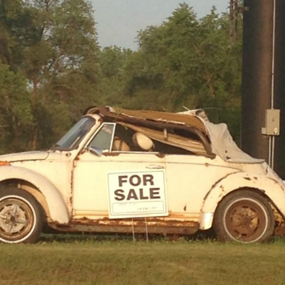 Beat up white VW Beetle with For Sale sign. Hello Lovely Studio. #imperfectbeauty #hellolovelystudio #vwbug 