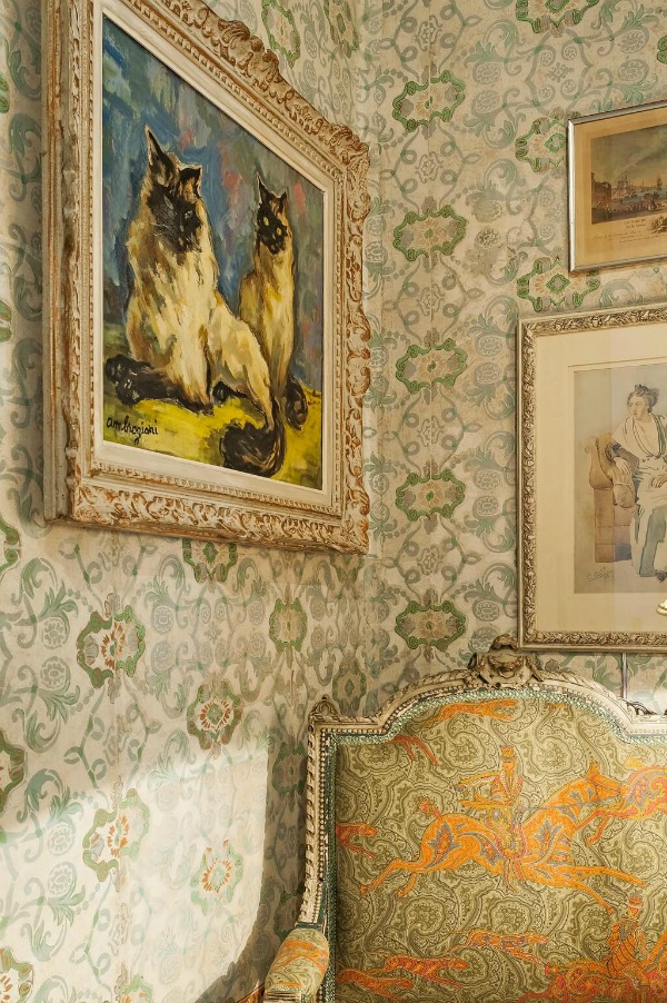 Traditional green patterened wallpaper in an elegant Provence bedroom - Haven In.
