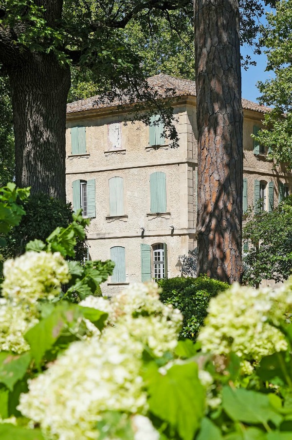 Vert Olivier green shutters on the exterior of the elegant and breathtaking Provence chateau - Haven In.