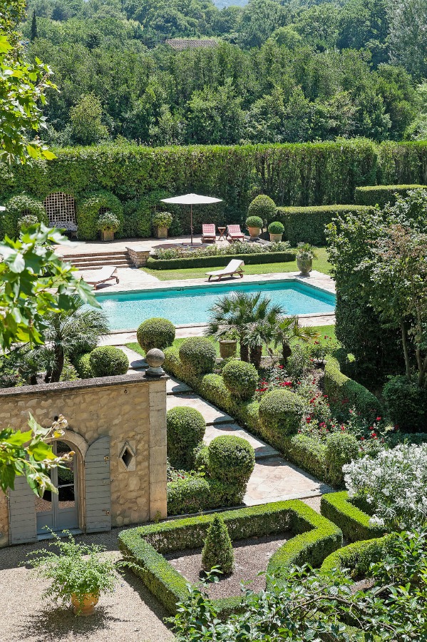 Formal French boxwood gardens and pool at a magnificent Provence chateau (Mireille) vacation villa - Haven In.