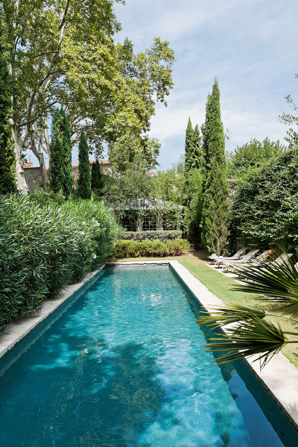 Natural, long, and narrow pool. Beautiful French country garden inspiration from a luxurious property in the South of France. Breathtaking 19th century restored French chateau with largest private garden in Avignon. Avignon Hôtel Particulier. Photo: Haven In.