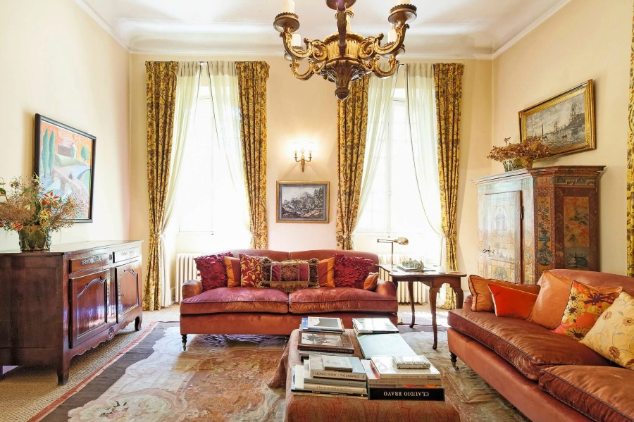 Living room. Rustic and elegant: Provençal home, European farmhouse, French farmhouse, and French country design inspiration from Chateau Mireille. Photo: Haven In. South of France 18th century Provence Villa luxury vacation rental near St-Rémy-de-Provence.