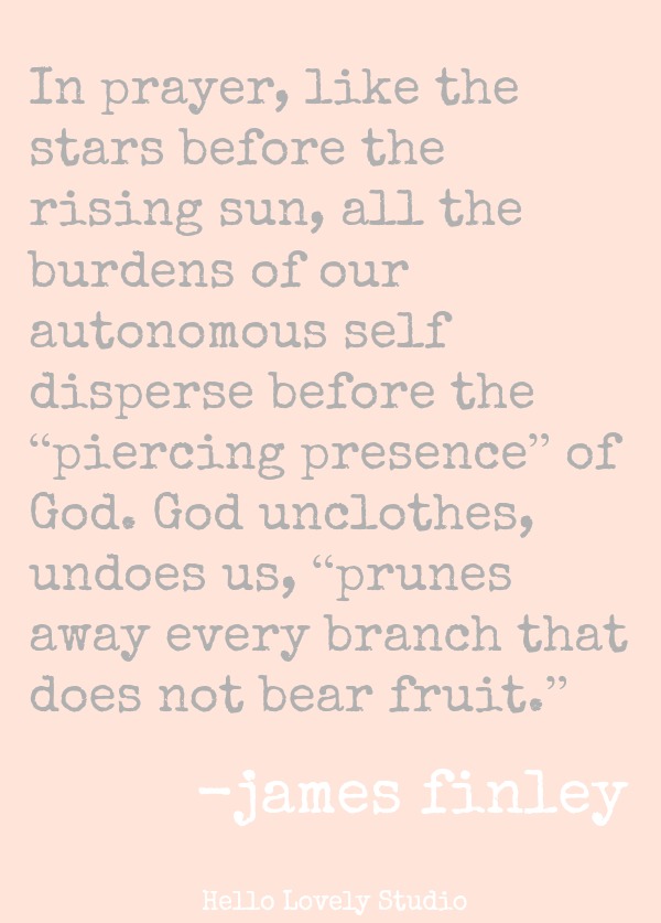 IN PRAYER, LIKE THE STARS BEFORE THE RISING SUN, ALL THE BURDENS OF OUR AUTONOMOUS SELF DISPERSE BEFORE THE 'PIERCING PRESENCE' OF GOD. GOD UNCLOTHES, UNDOES US, 'PRUNES AWAY EVERY BRANCH THAT DOES NOT BEAR FRUIT.' (James Finley) #quote #jamesfinley #prayer #faith #spiritualformation