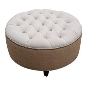 Tufted round ottoman with burlap