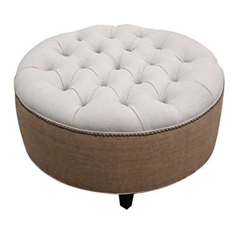 Round Tufted Linen & Burlap Ottoman. French Country Furniture Finds. Because European country and French farmhouse style is easy to love. Rustic elegant charm is lovely indeed.