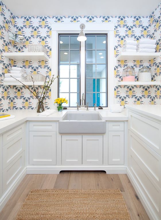 Classic white laundry room with floating shelves. Modern Chic Home in the Southwest. E&A Builders. Pinnacle Conceptions. Jaimee Rose Interiors. #modern #French #housedesign #luxuryhome