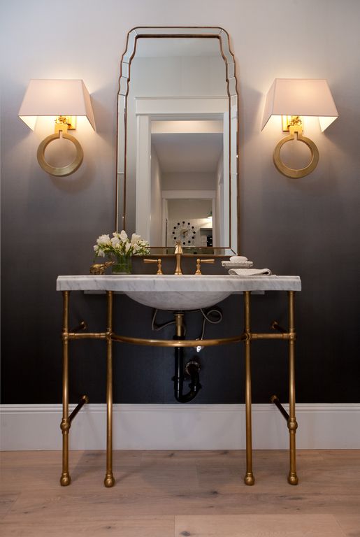 Elegant bathroom with stunning dark walls contrasting with console sink. Modern Chic Home in the Southwest. E&A Builders. Pinnacle Conceptions. Jaimee Rose Interiors. #modern #French #housedesign #luxuryhome