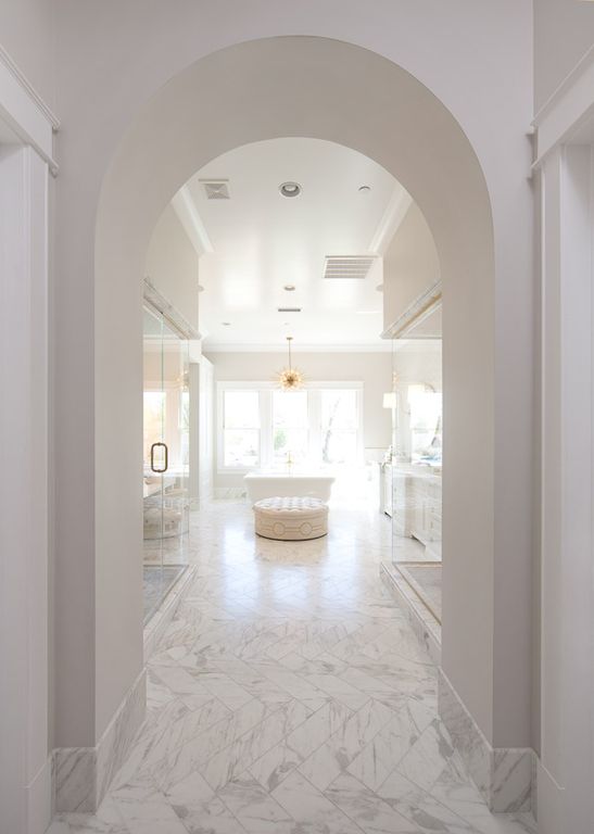 Luxurious white marble bathroom with barrel ceiling. Modern Chic Home in the Southwest. E&A Builders. Pinnacle Conceptions. Jaimee Rose Interiors. #modern #French #housedesign #luxuryhome