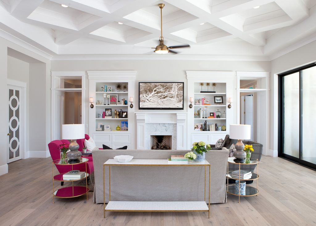 Light grey walls and white trim in a luxurious room with fireplace and magnificent ceiling. Modern Chic Home in the Southwest. E&A Builders. Pinnacle Conceptions. Jaimee Rose Interiors. #modern #French #housedesign #luxuryhome