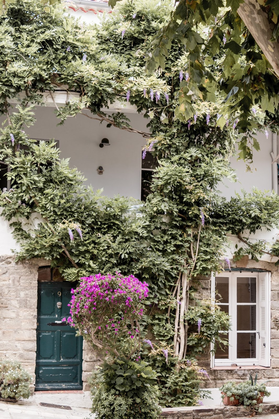 Rustic French Country Doors in Provence and gorgeous curb appeal with climbing vines, crumbling stone, and weathered age. Photo: The Flying Dutchwoman. #provence #southoffrance #exteriors #weathereddoors #rusticdoor #frenchcountryside #summerinfrance #frenchcountry #frenchfarmhouse #frontdoor #sttropez