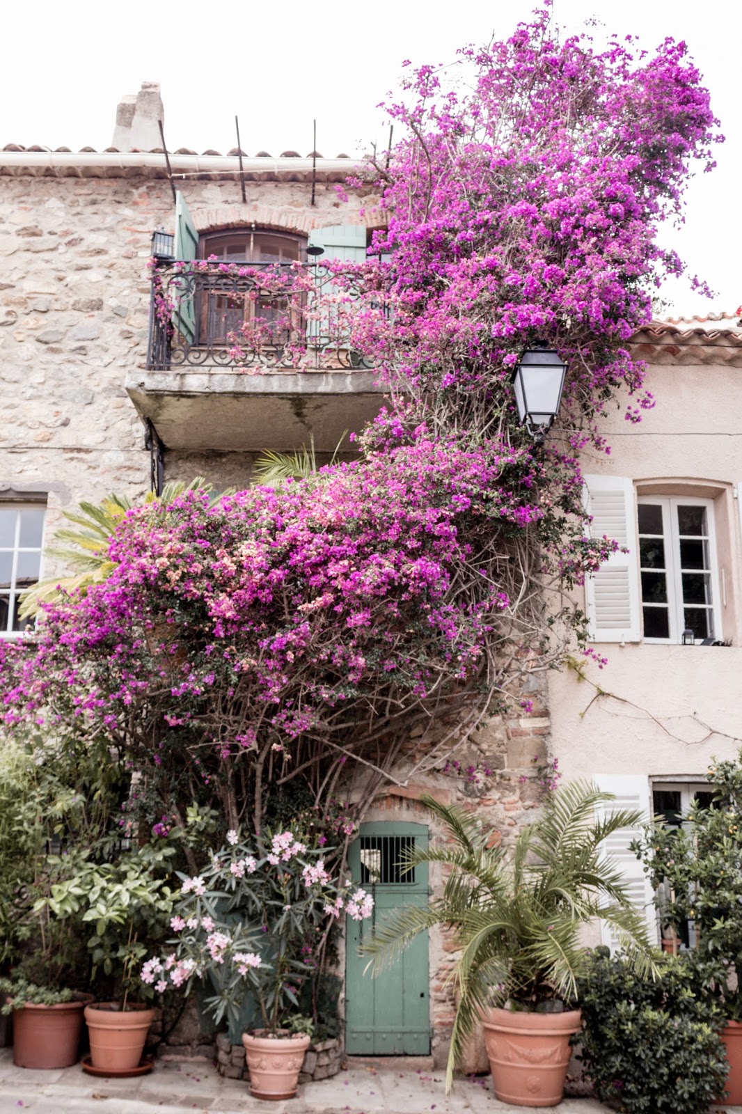 Rustic French Country Doors in Provence and gorgeous curb appeal with climbing vines, crumbling stone, and weathered age. Photo: The Flying Dutchwoman. #provence #southoffrance #exteriors #weathereddoors #rusticdoor #frenchcountryside #summerinfrance #frenchcountry #frenchfarmhouse #frontdoor #sttropez