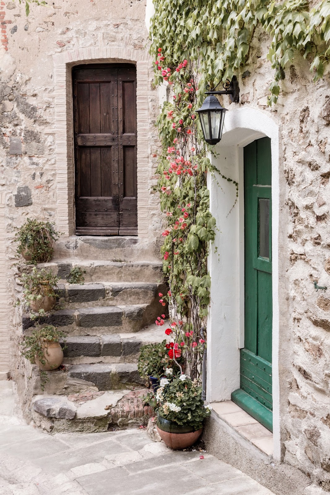 Rustic French Country Doors in Provence and gorgeous curb appeal with climbing vines, crumbling stone, and weathered age. Photo: The Flying Dutchwoman. #provence #southoffrance #exteriors #weathereddoors #rusticdoor #frenchcountryside #summerinfrance #frenchcountry #frenchfarmhouse #frontdoor #sttropez