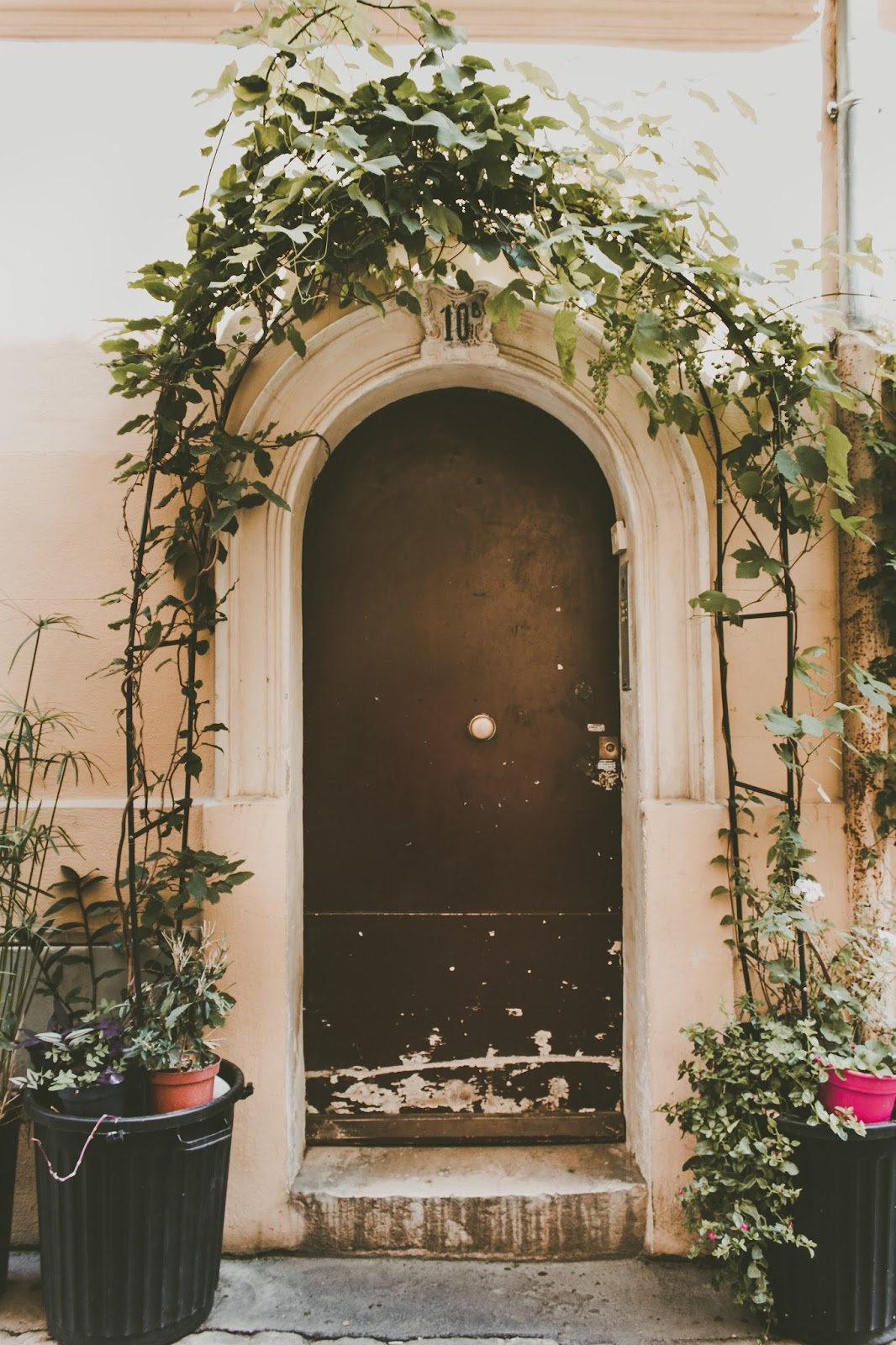 Rustic French Country Doors in Provence and gorgeous curb appeal with climbing vines, crumbling stone, and weathered age. Photo: The Flying Dutchwoman. #provence #southoffrance #exteriors #weathereddoors #rusticdoor #frenchcountryside #summerinfrance #frenchcountry #frenchfarmhouse #frontdoor #sttropez