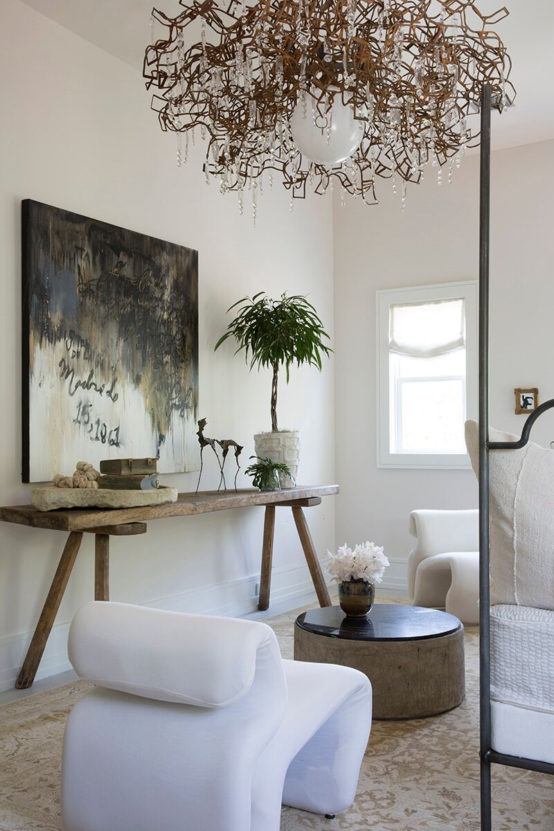 Painting by Francine Turk and minimal modern rustic luxe sophistication with interior design in the Hamptons by Michael Del Piero.