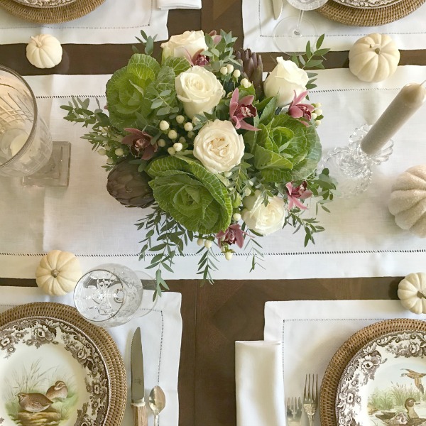 Fall tablescape with brown transferware. Pretty Pink Tulips.