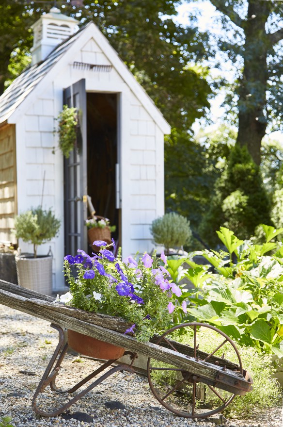 Charming French farmhouse style garden shed at home of Amy of Maison Decor. Featured in Nora Murphy's Country Style book. #gardenshed #romanticdecor #gardeninspiration #frenchcountry #maisondecor #cottagestyle #cottagegarden