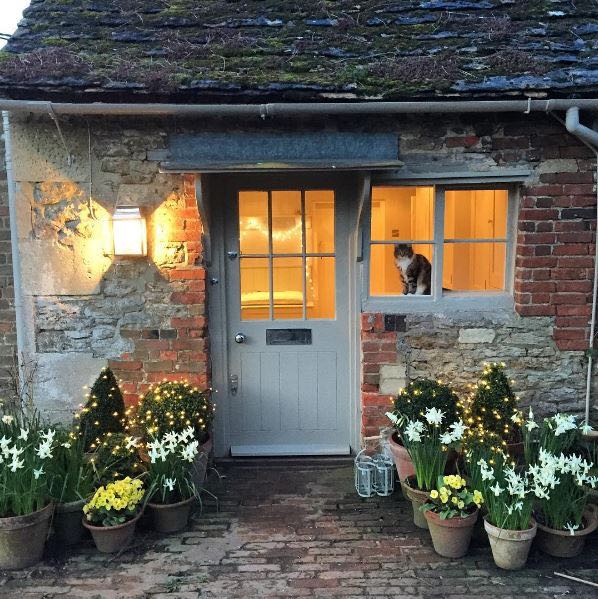 Charming English cottage with Maine Coon cat in window and potted blooms flanking a lovely door with awning. The Beach Studios. Atlanta Bartlett & Dave Coote.