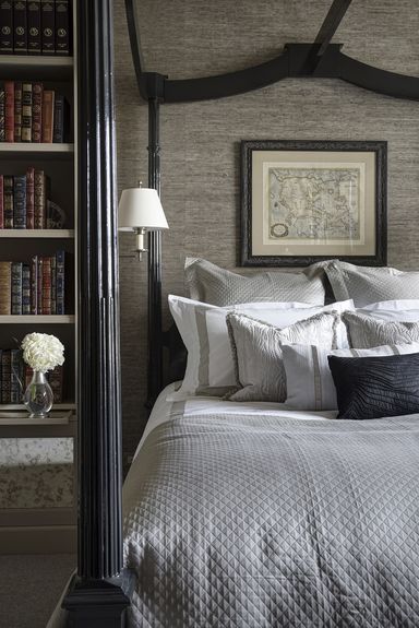 Canopy bed in Old World bedroom with built-ins. Beautiful interior design inspiration from Chicago designer Cari Giannoulias on Hello Lovely Studio. #hellolovelystudio #interiordesign #carigiannoulias #chicagodesigner #interiordesigner #sophisticateddecor #understated #luxurydecor