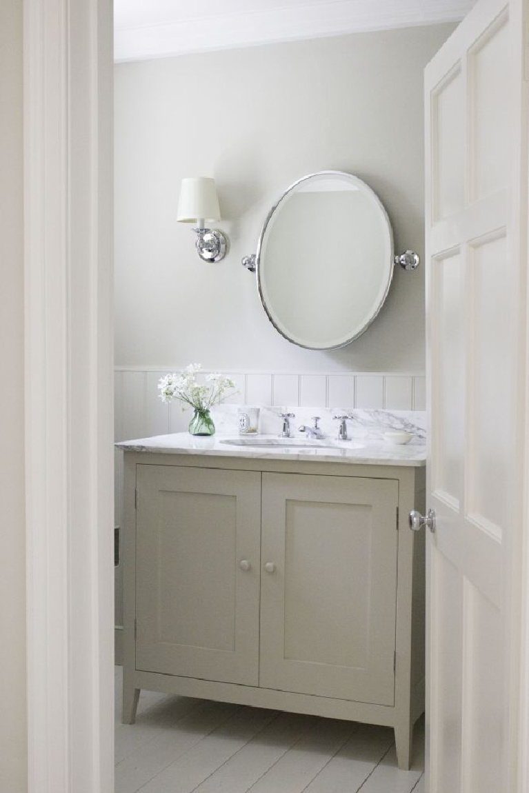 All white decor and vintage European country style in an old English countryside cottage. #whitedecor #englishcountry #europeancountry #interiordesign #oldworld #shabbychic #vintagestyle