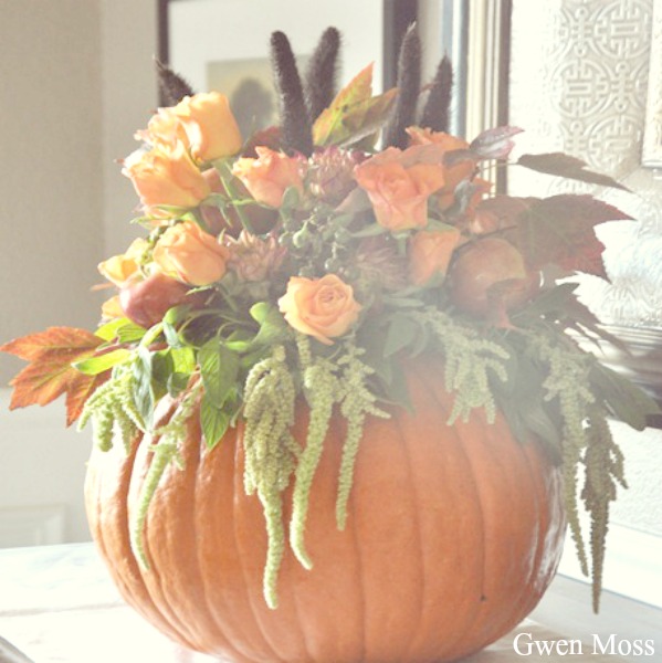 Beautiful pumpkin floral centerpiece for autumn by Gwen Moss.