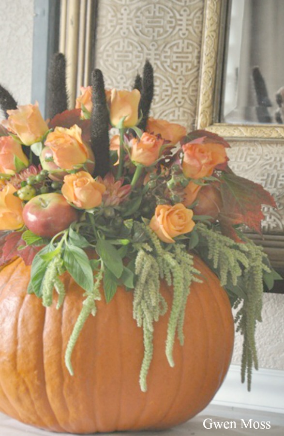Beautiful pumpkin floral centerpiece for autumn by Gwen Moss.