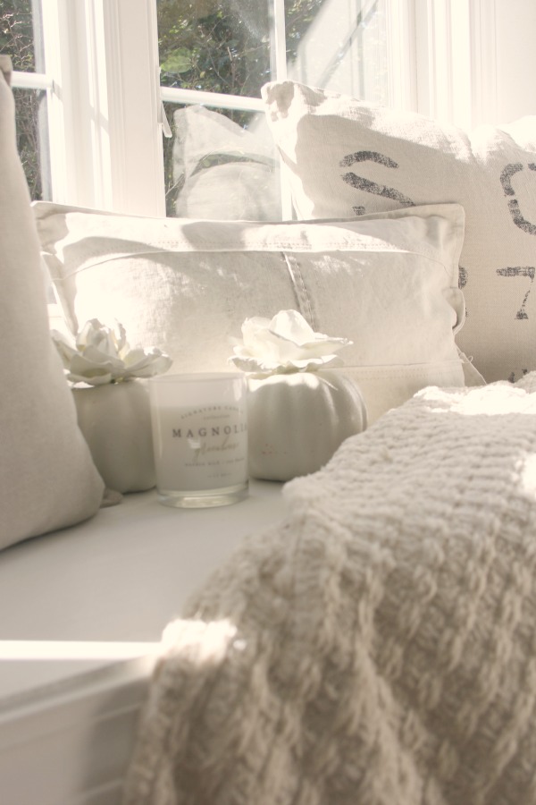 Pastel and white fall decor in my kitchen which has a relaxed, European country and shabby chic vibe. See more of it on my blog Hello Lovely where you'll see my style is serene and peaceful. #hellolovelystudio #falldecor #pastels #serenedecor #whitedecor #europeancountry #farmhousestyle #frenchfarmhouse #pumpkins