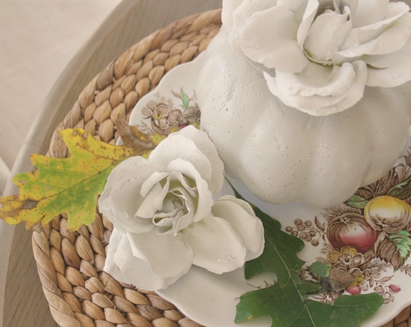 Pastel and white fall decor in my kitchen which has a relaxed, European country and shabby chic vibe. See more of it on my blog Hello Lovely where you'll see my style is serene and peaceful. #hellolovelystudio #falldecor #pastels #serenedecor #whitedecor #europeancountry #farmhousestyle #frenchfarmhouse #pumpkins