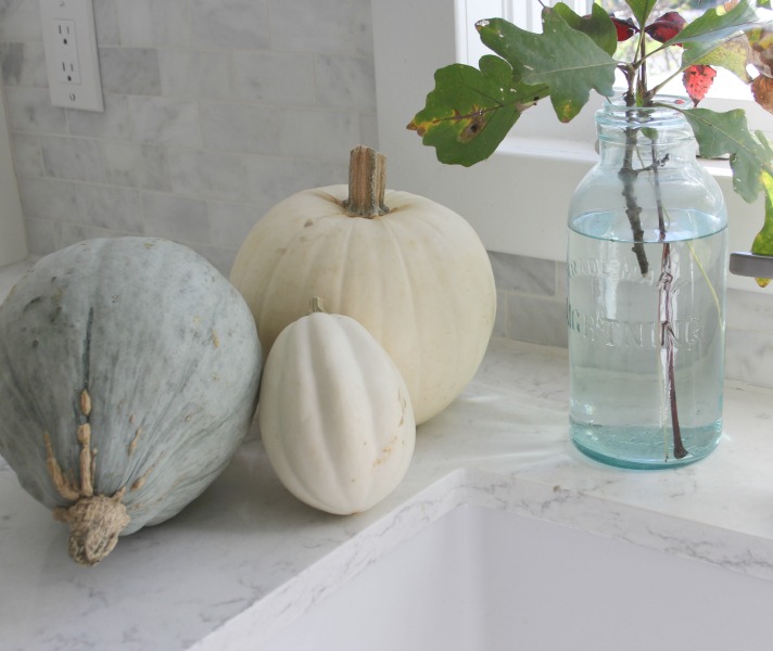 White pumpkins and gourds on my kitchen counter in fall for a pastel vignette that expresses the softer side of autumn. #falldecor #pumpkins #autumninspiration #fallkitchen
