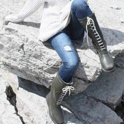 Ilse Jacobsen tall lace up boots in military green on Michele of Hello Lovely. #ilsejacobsen #boots