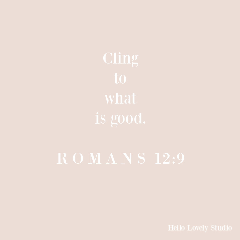 Romans 12:9: cling to what is good - Hello Lovely Studio. #quotes #scripture #biblequotes #romans #faithquote