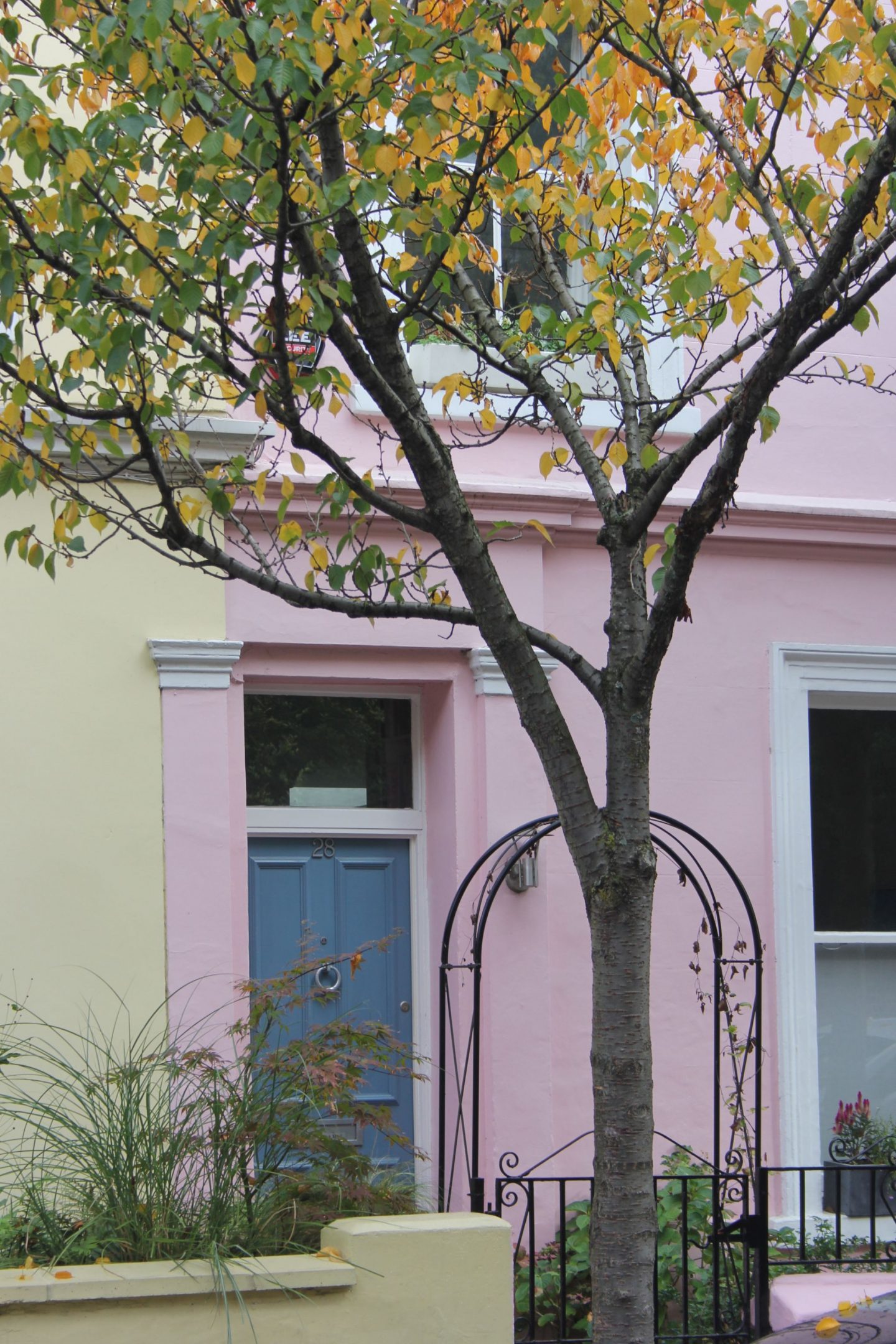 French blue paint on a front door of a pastel row house. Hello Lovely Studio. Come tour these gorgeous front doors in Notting Hill and Holland Park...certainly lovely indeed. Curb appeal and Paint Color Inspiration. Lovely London Doors & Paint Color Ideas!