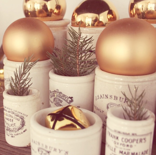 English marmalade crocks decorated for Christmas by Hello Lovely Studio.