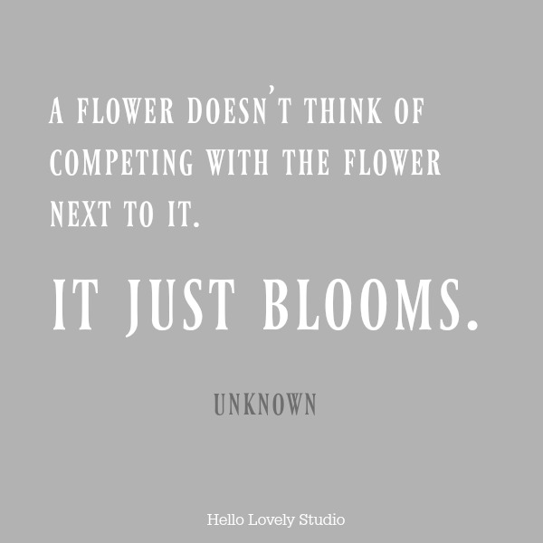 Inspiring quote about competition and comparison. A FLOWER DOESN'T THINK OF COMPETING WITH THE FLOWER NEXT TO IT. IT JUST BLOOMS. #hellolovelystudio #quote #comparison #flowers