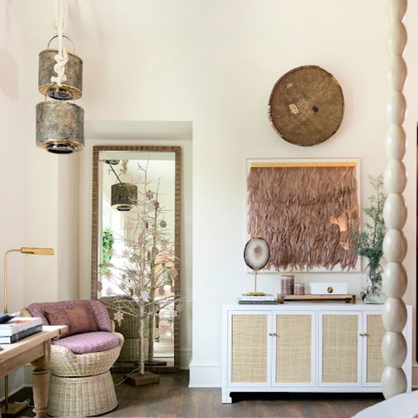 Beautiful boho chic with rustic decor bedroom in the Atlanta Holiday Showhouse. Interior design by Interior Philosophy. #bedroom #interiordesign #whitebedroom #rustic #sherwinwilliams #shojiwhite