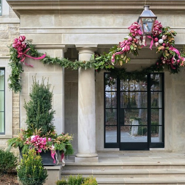 Grand and luxurious Christmas decor on the exterior of the Atlanta Homes holiday showhouse.