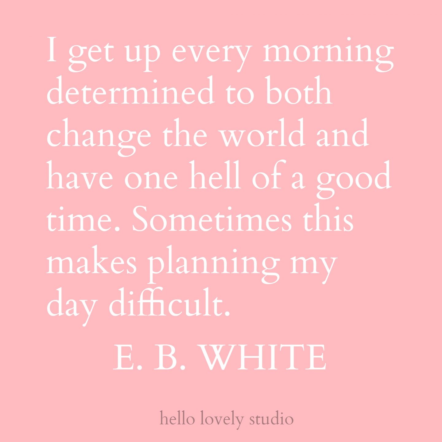 Inspiring and funny quote by E. B. White. I get up every morning determined to both change the world and have one hell of a good time. Sometimes this makes planning my day difficult. Hello Lovely Studio.