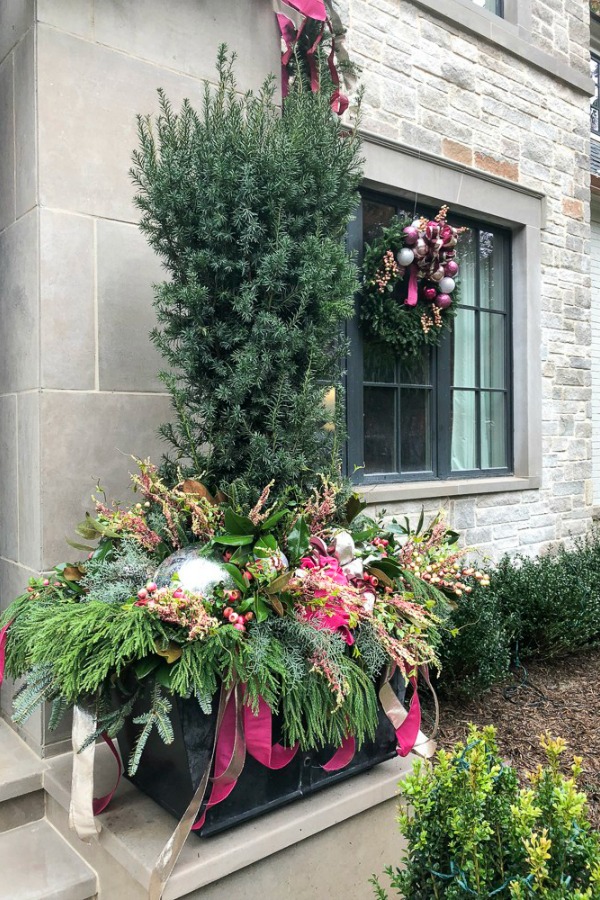 Beautiful festive Christmas planter outside the Atlanta Holiday Showhouse in 2018.