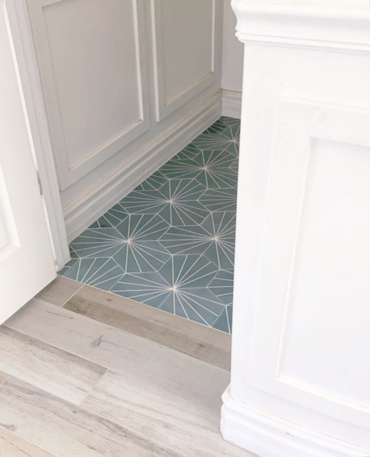 Beautiful beachy blue cement tile flooring in a gorgeous design by Beckmannhouse. #cementtile #bluetile #tileflooring