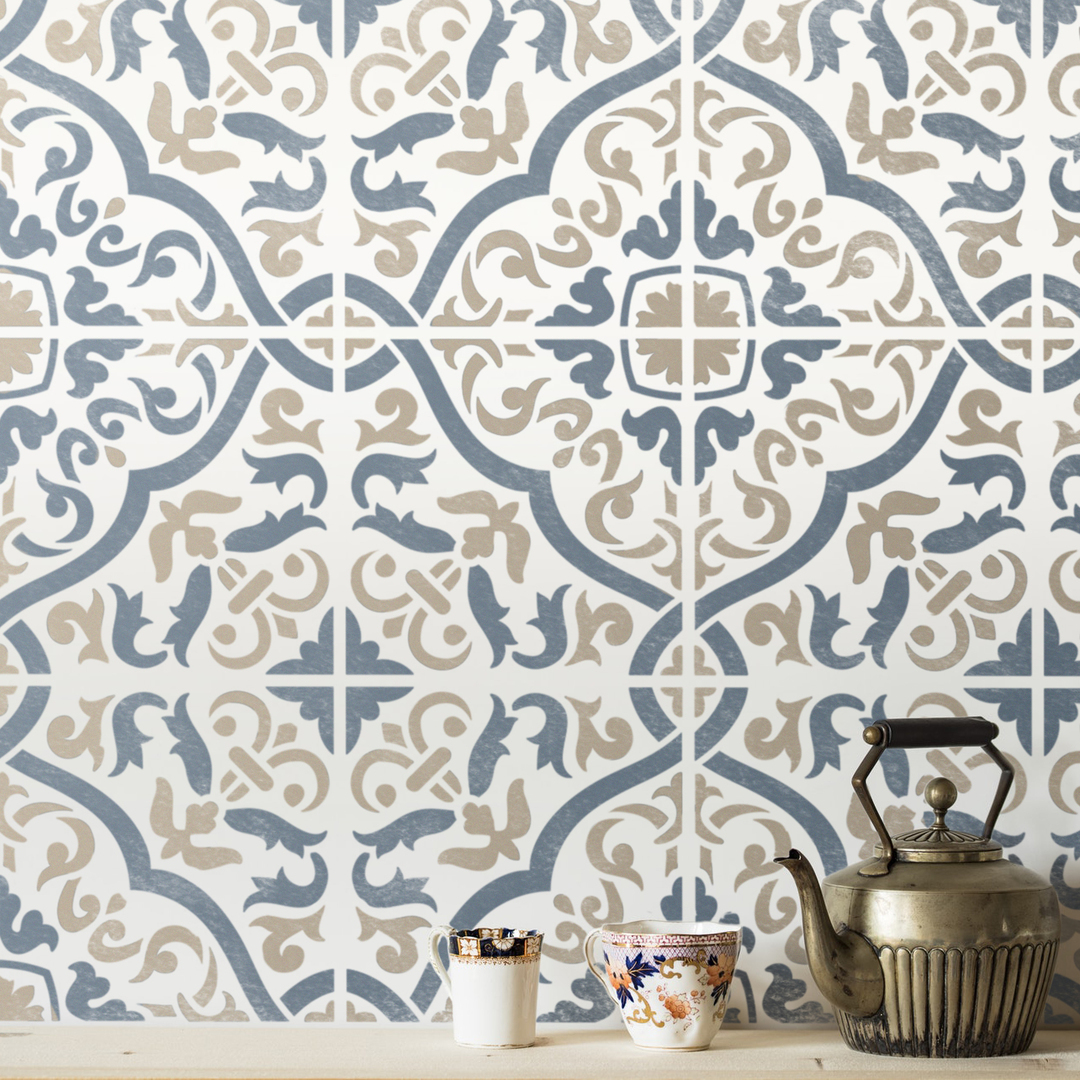 Beautiful blue and white Spanish style cement tile stenciled backsplash by @stnecilslab. #cementtilestencil #stenciledbacksplash #spanishtilestencil