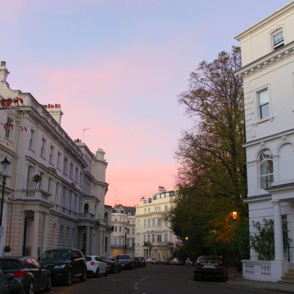 Pink sky. Notting Hill beauty, classic architecture, and inspiration from a London stroll by Hello Lovely Studio. Personal Reflections: What Does Greater Kindness to Yourself Look Like?