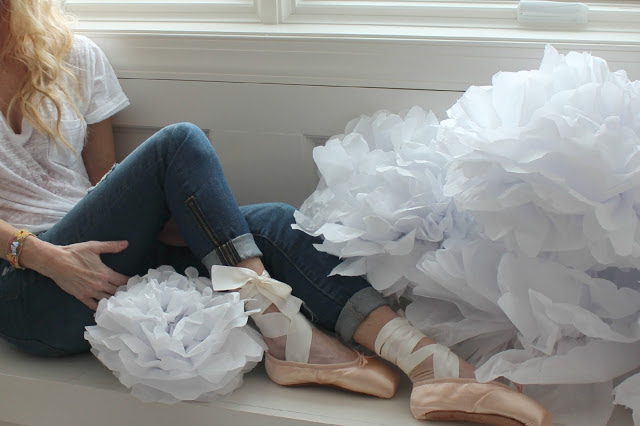 Michele of Hello Lovely Studio in pink ballet slippers with tissue poufs. #hellolovelystudio